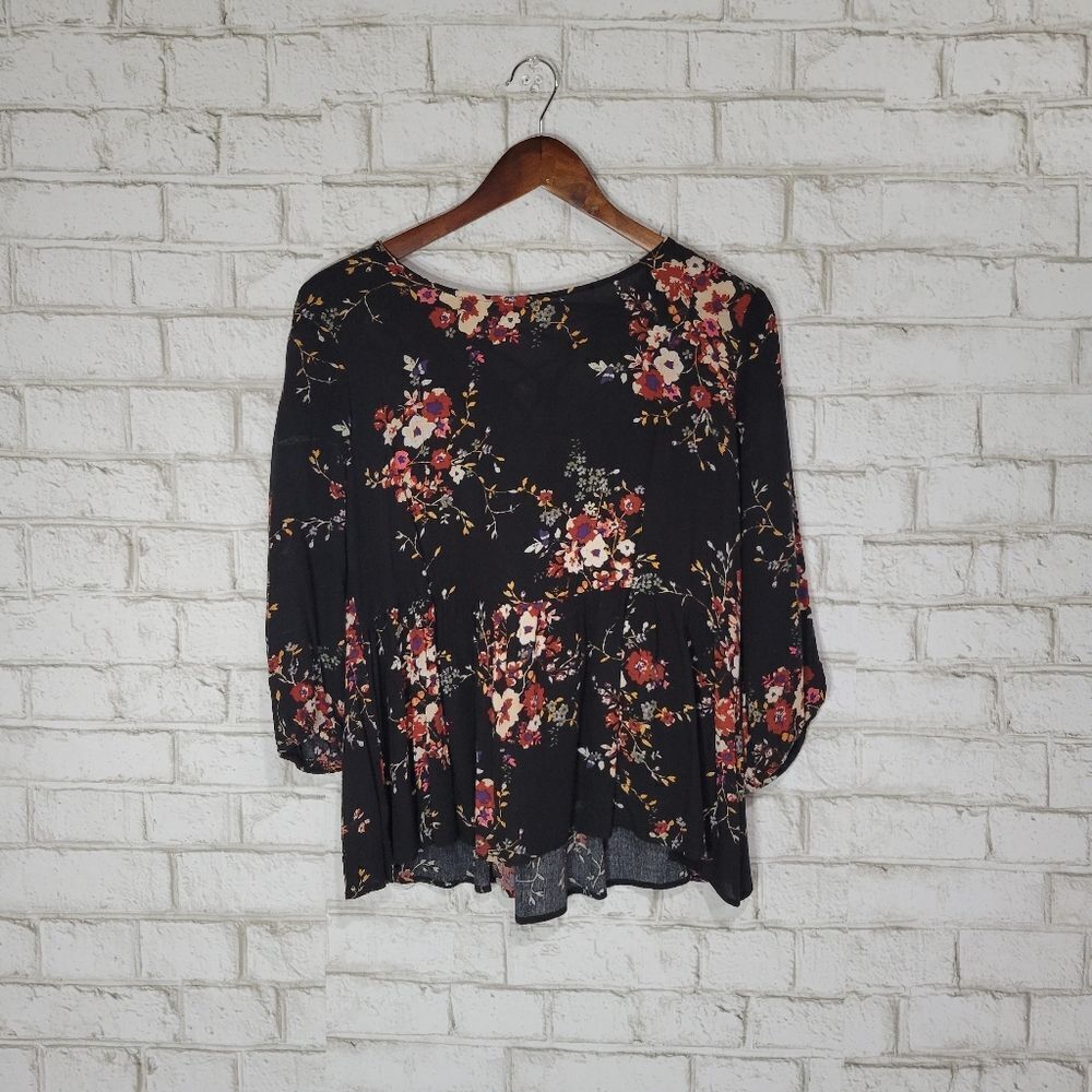 Miami lace‎ up back black floral blouse